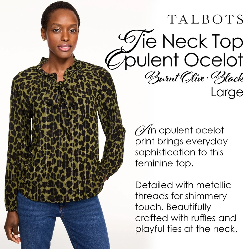 Talbots Tie Neck Top Opulent OcelotBurnt Olive and Black